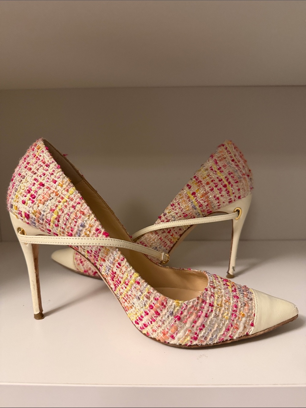 Pointed Tweed Stiletto Heels with Ankle Strap in Cream and Pink